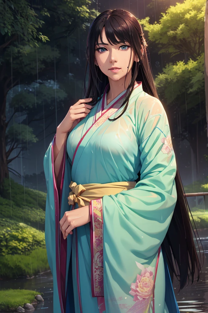 Heavy rain background、Field、in the forest、Walking in the river、On the run、In the fog、war (Highest quality,4K,8k,High resolution,masterpiece:1.2), Very detailed, (Realistic,Realistic,Realistic:1.37), High resolution, Hyper HD, Studio Lighting, Ultra-fine painting, Sharp focus, Physically Based Rendering, Very detailed説明, Professional, Vibrant colors, Bokeh, Sports Late Night, Ancient War Landscapes, Traditional Chinese Painting Techniques, Atmospheric lighting, Vivid color contrast, Ethereal atmosphere,Very detailed目と顔, Beautiful attention to detail, Light on the face,豪華なHanfu (Hanfu: 1.1),My whole body is wet、My clothes are wet and transparent、Nipples are visible、The nipples are pale pink、Rain clouds spreading across the sky、Heavy rain weather、Pouring rain、Wind and rain storm、((Soaked skin from head to toe))、((Rain-soaked clothes(Rain dripping from clothes))、((The lines of your body are clearly visible through your wet clothes...))、、Eye color is green、Disheveled clothing、Slim figure、Small breasts