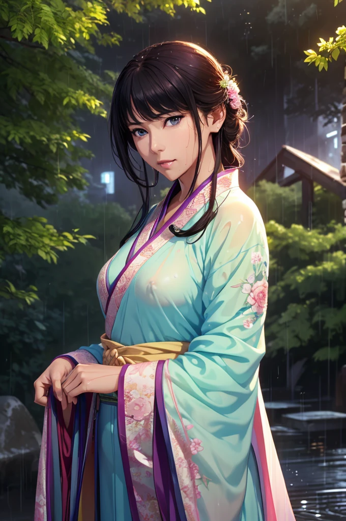 Heavy rain background、Field、in the forest、Walking in the river、On the run、In the fog、war (Highest quality,4K,8k,High resolution,masterpiece:1.2), Very detailed, (Realistic,Realistic,Realistic:1.37), High resolution, Hyper HD, Studio Lighting, Ultra-fine painting, Sharp focus, Physically Based Rendering, Very detailed説明, Professional, Vibrant colors, Bokeh, Sports Late Night, Ancient War Landscapes, Traditional Chinese Painting Techniques, Atmospheric lighting, Vivid color contrast, Ethereal atmosphere,Very detailed目と顔, Beautiful attention to detail, Light on the face,豪華なHanfu (Hanfu: 1.1),My whole body is wet、My clothes are wet and transparent、Nipples are visible、The nipples are pale pink、Rain clouds spreading across the sky、Heavy rain weather、Pouring rain、Wind and rain storm、((Soaked skin from head to toe))、((Rain-soaked clothes(Rain dripping from clothes))、((The lines of your body are clearly visible through your wet clothes...))、、Eye color is green、Disheveled clothing、Slim figure、Small breasts