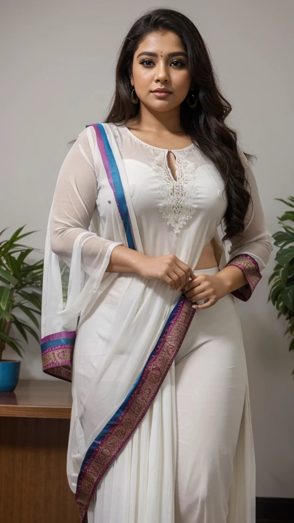 Day scene, A radiant, full-figured South Indian 3 aunty a white colour chiffon fully transparent kurta, and leggings, ,standing, in a office captured in a full-body image with vibrant hues and meticulous details. Full body image