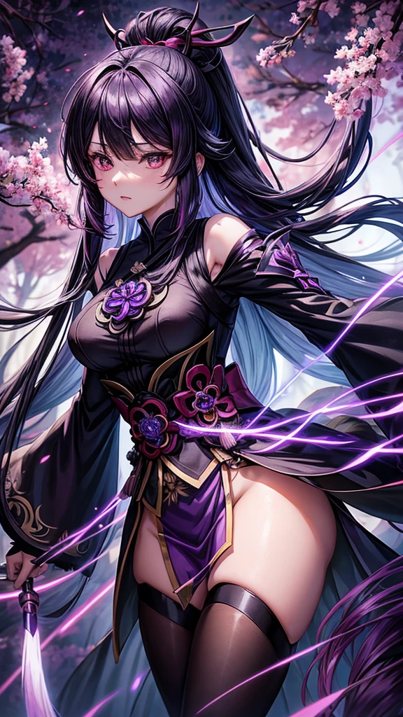 anime girl in a purple and black outfit standing in front of a forest, genshin impact keqing, genshin impact zhongli, Heise Jinyao, Ayaka Genshin Impact, Moe anime art style, black fur wizard, demon slayer rui fanart, ayaka game genshin impact, Yun Ling, Inspired by Song Maojin
