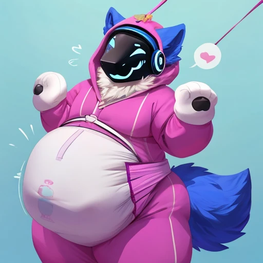 Male, anthro protogen detailed baby blue eyes, long tail, cubby, simple background, cute smile, fluffy tail, fullbody view, solo, digital art, different views, detailed plain white diaper, XXXXXXXXXXXXXXXXXXXXXXXXXXXXXXXXXXXXXXXXXXXXXXXXXXXXXL thick diaper, diaper with 4 tapes, cute smile, fat diaper bulge under the onesie, very big diaper, super obeas fat padded footed onesie Pampersuit with extra thick padding to make it look like it has lots of baby fat, in ceiling hanged baby bouncer, pacifier in mouth, and visible baby bouncer harness on the padded onesie, blushing, cutely happy and very sleepy face, wearing an oversized pacifier in the mouth, wearing thick padded useless paws mittens and booties, unable to move and helpless bounce in the bouncer in a cute way. The padding on the onesie is soo thick, it doesn't allow movement and makes the wearer look super fat.