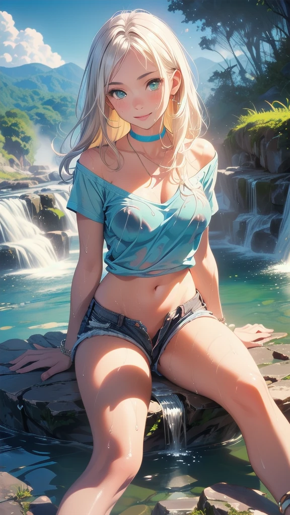 (landscape of beautiful rainforest, breathtaking single grandurous waterfall :1.5),(nice view:1.5),(blue sky:1.6),

BREAK

nsfw:1.6, body has two arms, two legs and one head, (Each hand and toe have five fingers),Top quality:1.2, best quality:1.6, ultra high resolution, masterpiece:1.5 ,4K, 8K, 32K, detailed lighting, shaders, perfect anatomy, perfect proportions, highly detailed, ultra detailed, super detailed:1.2, perfect eyes, perfect face, very delicate and beautiful, illustration, sharp focus, very beautiful and detailed anime face, very detailed eyes, cute:1.4,  impressionistic:1.2, blurred background, accurate depiction of arms and hands:1.4, accurate depiction of foot:1.4, Accurate human skeleton drawing:1.4, Anatomically correct human body:1.4,sexually attractive body:1.2,

BREAK

 (Gorgeous young white American girl),(beautiful blue-green eyes:1.3),(Perfect proportions:1.5),(thin waist:1.2),(slender body:1.4),(beautiful big breast:1.2),(pink small nipples ),(beautiful buttocks:1.2),(soaked body:1.3),(trimmed pubic hair:1.4),

BREAK 

(Beautiful pale white blonde hair:1.4),(straight hair :1.2),(bangs swept to the side and showing forehead:1.4),(hair soaked:1.4),

BREAK 

(smile:1.2), (natural makeup),(perfect beautiful face:1.2),(perfect white teeth),(looking away:0.7),

BREAK  

(Bottomless:2) ,( very realistic depiction of skin texture:1.4),(pale skin:1.3),

BREAK 
(Sitting in the middle of falling water:1.6),(bust up shot:1.2), (profile:0.8),(from below:1.2),BREAK (white choker:1.3),(necklace, bresslet , anklet:1.3),(wet white tight short tank tops:1.6),(under boobs:1.3),


BREAK 
(Perfect hands and fingers),(perfect white balance),(perfect contrast:1.3),(sunny day:1.3),(perfect front lighting:1.4),