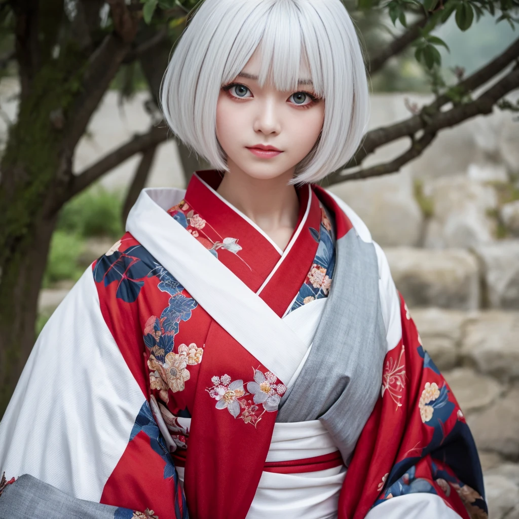 Multiple eyes, white hair, bob hair, red eyes, kimono