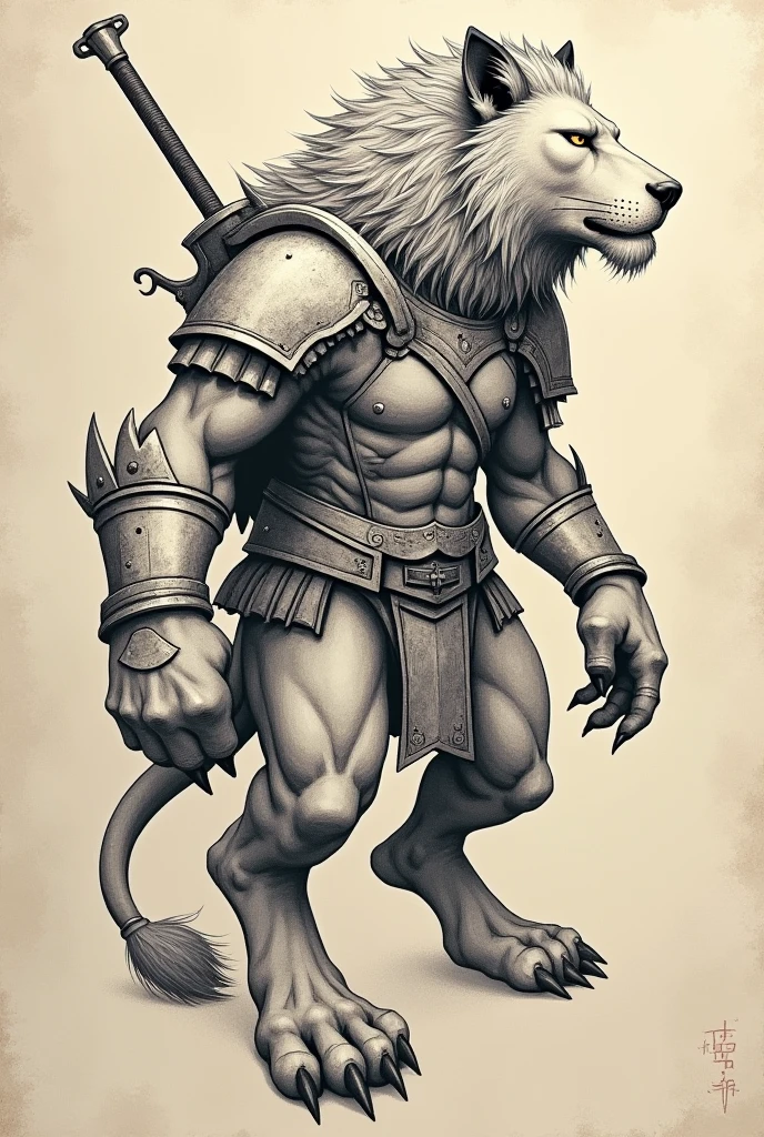 Guardian Animal Tattoo with Rudimentary Armor,ready to defend,offwhite,tatoo,wolf with lion's mane,humanoid body,head proportional to the body,Short snout,weapon on back,small mane, warrior, without syrup