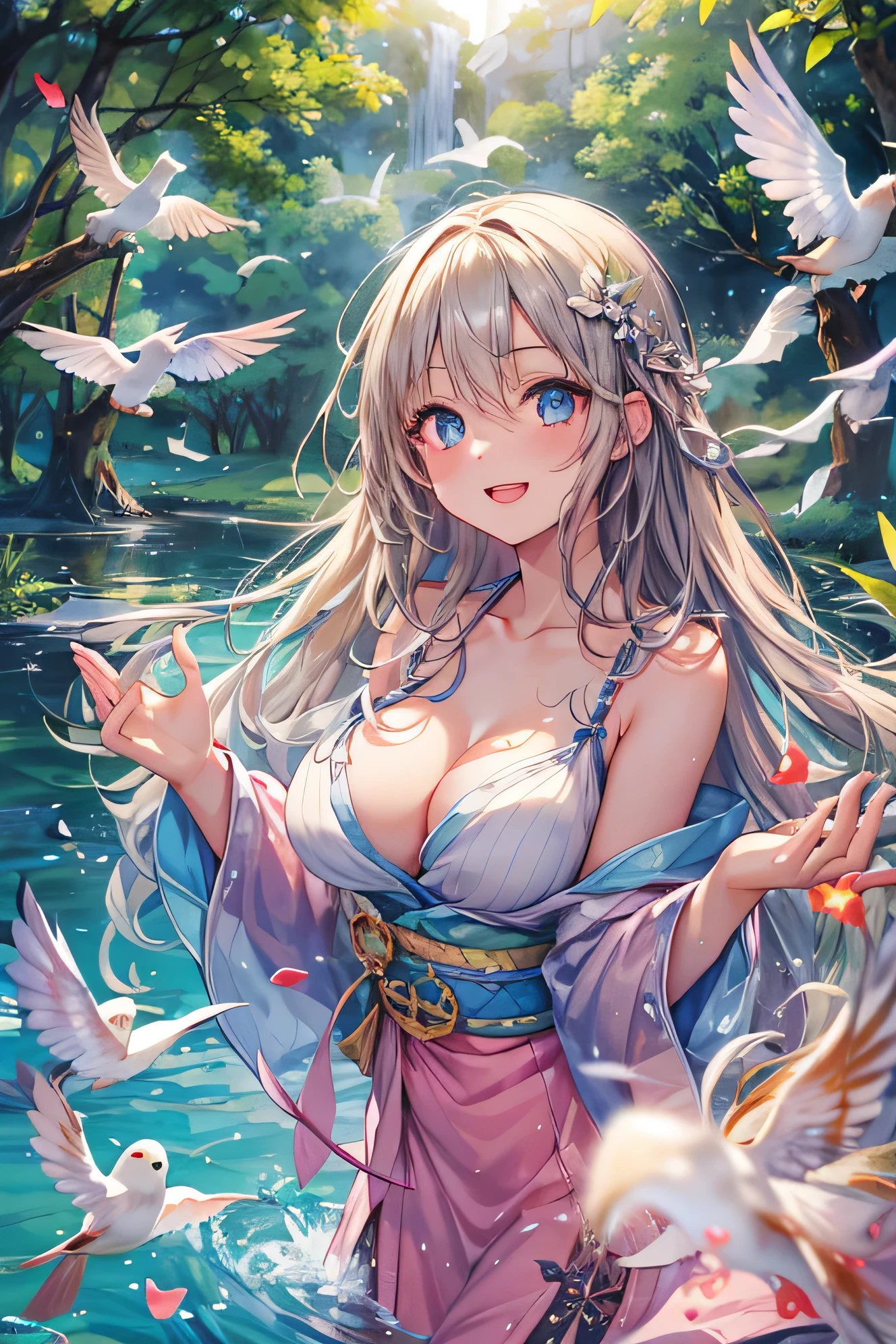 (Highest quality:1.5, Very detailed, Latest, Vibrant, Ultra-high resolution, High Contrast, masterpiece:1.2, Highest quality1.3), (((1 person, beautiful girl))),Anime Drawings, (Big Breasts1.1, Beautiful breasts 1.4, slender:1.3), {small}, Big Breasts, Straight long hair, Full-body shots, Sparkling eyes, Detailed face, thin髪, Detailed skin, (Beautiful Eyes:1.5), smile, Happy expression, Showing teeth, thin, Beautiful Skin, Break Fantastic concept, Depicting water and light,Japanese anime, In the park, Beautiful light shines in,Open your hands,Going around happily,Bird's-eye view, RAW Photos