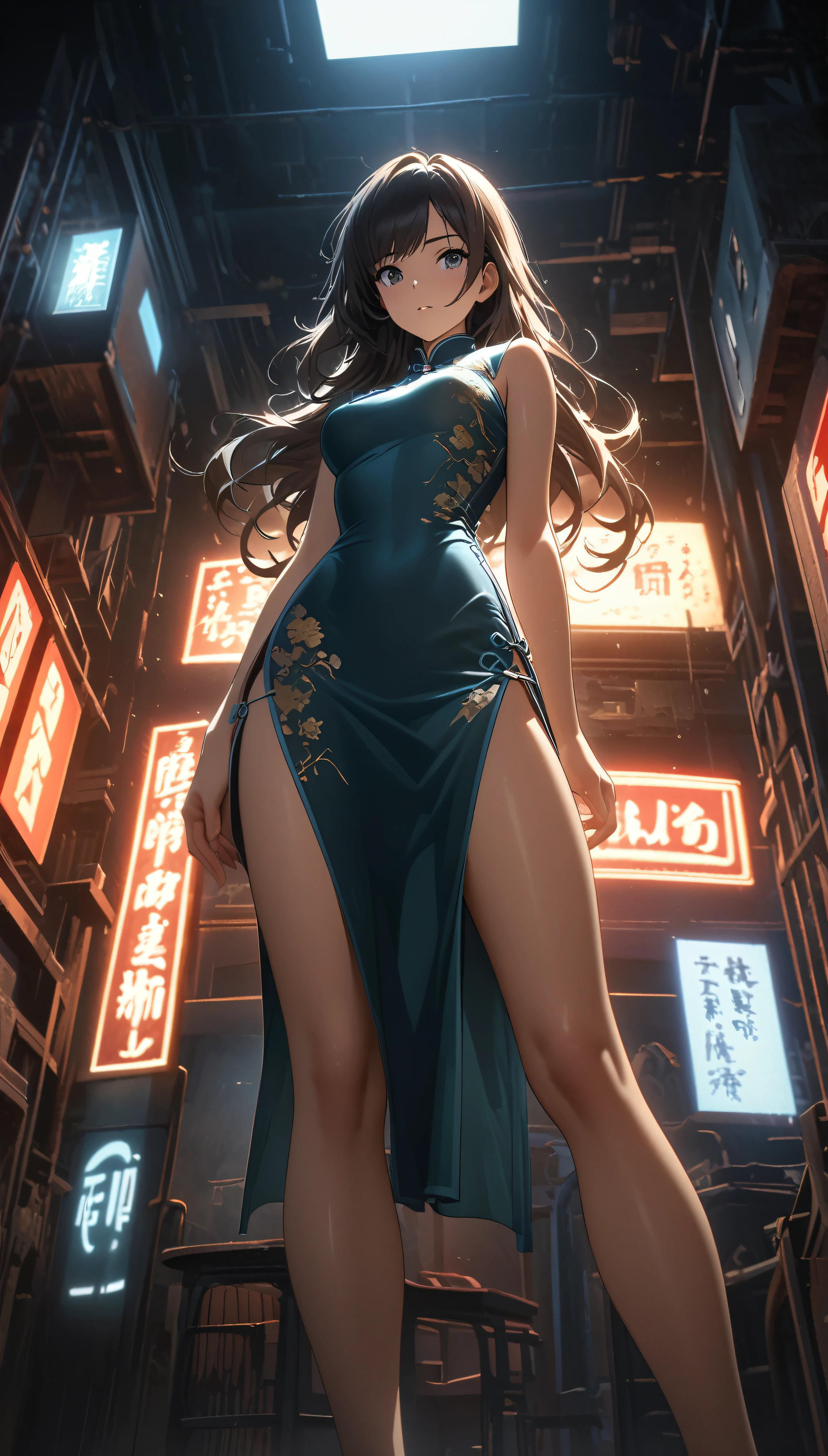 Cheongsam Girl,Long Hair,Pure white background,Depth of written boundary,Low angle view,Calf Level View,Overclocked Renderer,Cinema Lighting,Ultra-fine,Very detailed,complicated,Cinematic Perspective,CG Art,Side zipper