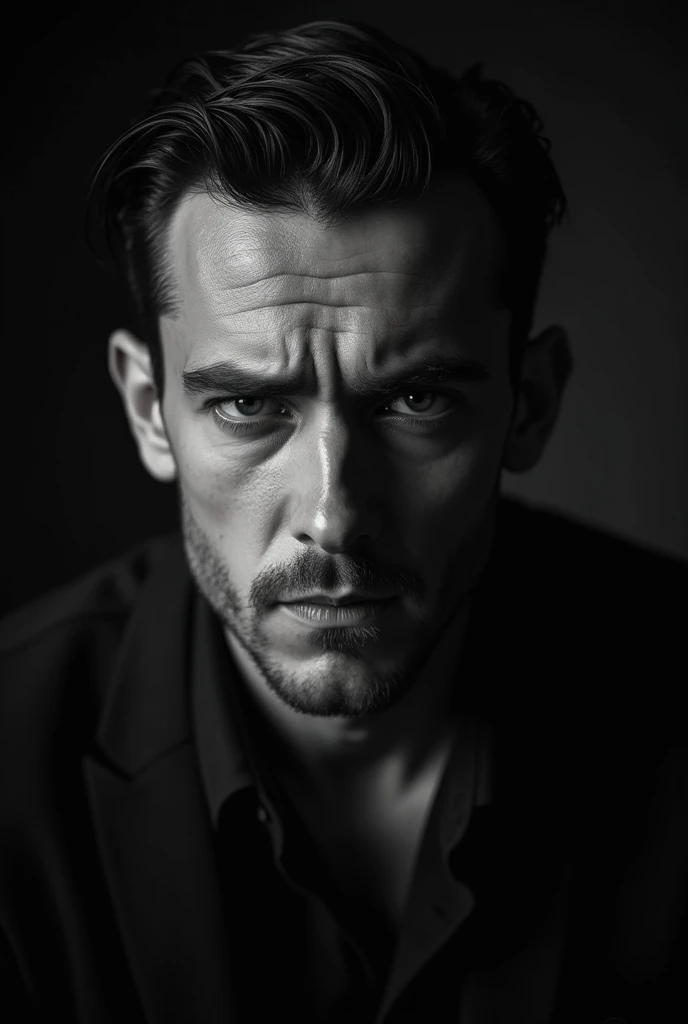 a man in a 1920s era black and white photograph, looking forward with a stressed and worried facial expression, detailed facial features, dramatic lighting, high contrast, cinematic atmosphere, realistic portrayal