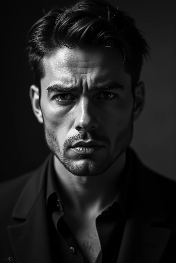 a man in a 1920s era black and white photograph, looking forward with a stressed and worried facial expression, detailed facial features, dramatic lighting, high contrast, cinematic atmosphere, realistic portrayal