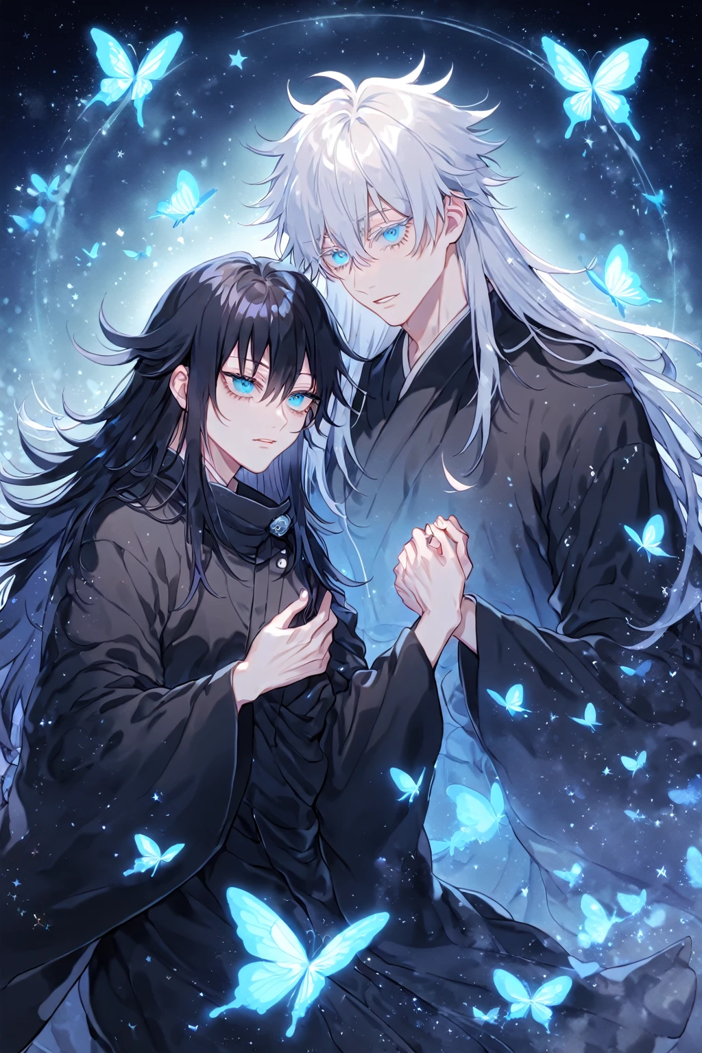 Ultra detailed, Highres, absurdres, HDR, master piece, Gojou Satoru, white hair, expressive blue eyes, white eyelashes, long hair, black Chinese robes, Fushiguro Megumi with long hair, black hair, expressive blue eyes, Jujutsu Kaisen, two sexy men together, gay couple, yaoi, blue starry sky, glittering, blue butterflies, manly men