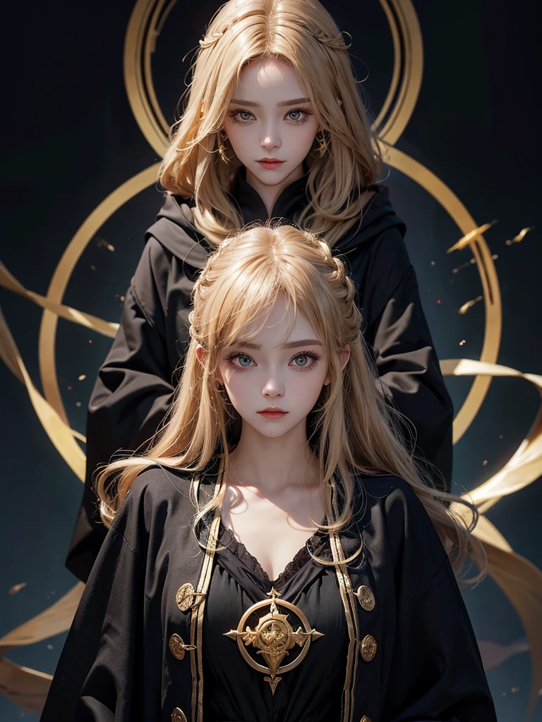 Runic Background、Wearing a black robe、Mage's Clothing、golden hair color、look at the viewer、masterpiece、cute woman、Wearing elegant school clothes