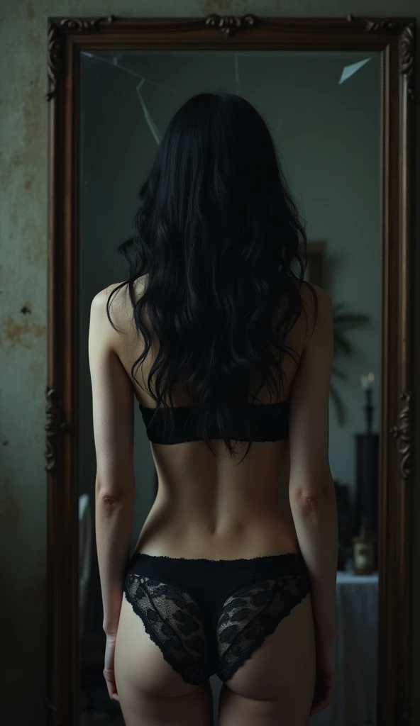 Create a haunting scene of a young woman standing in front of a broken mirror, the reflection in the mirror is a naked dark woman, in a very dark and gloomy room, A hyper realistic image, detailed, The woman only has black panties, of lace, small breasts.