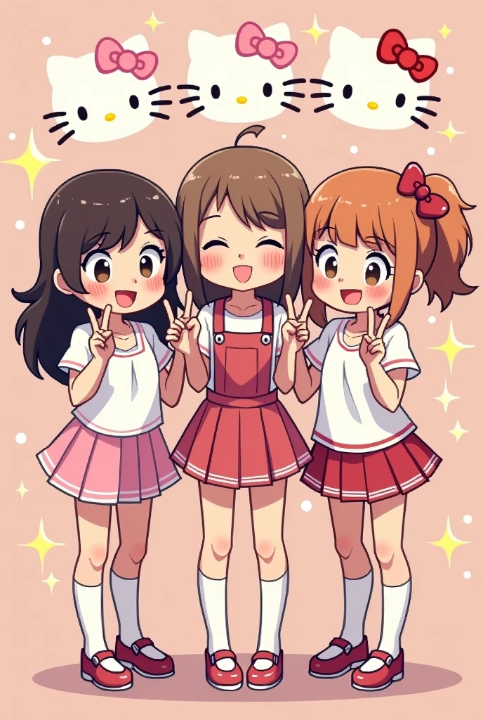 Create a pixel art style image of 3 hello kitty girls standing next to each other, one has shoulder height brown curly hair, the second one has long straight light brown coloured hair, with some side bangs, and the third one has shoulder high orange-brownish straight hair. They are doing peace signs, smiling and blushing, with some golden sparkles around them. They look like they're having fun 