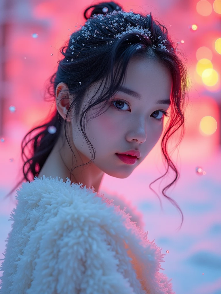 8k Beautiful Asian woman with big , in the snow, with a neon color behind