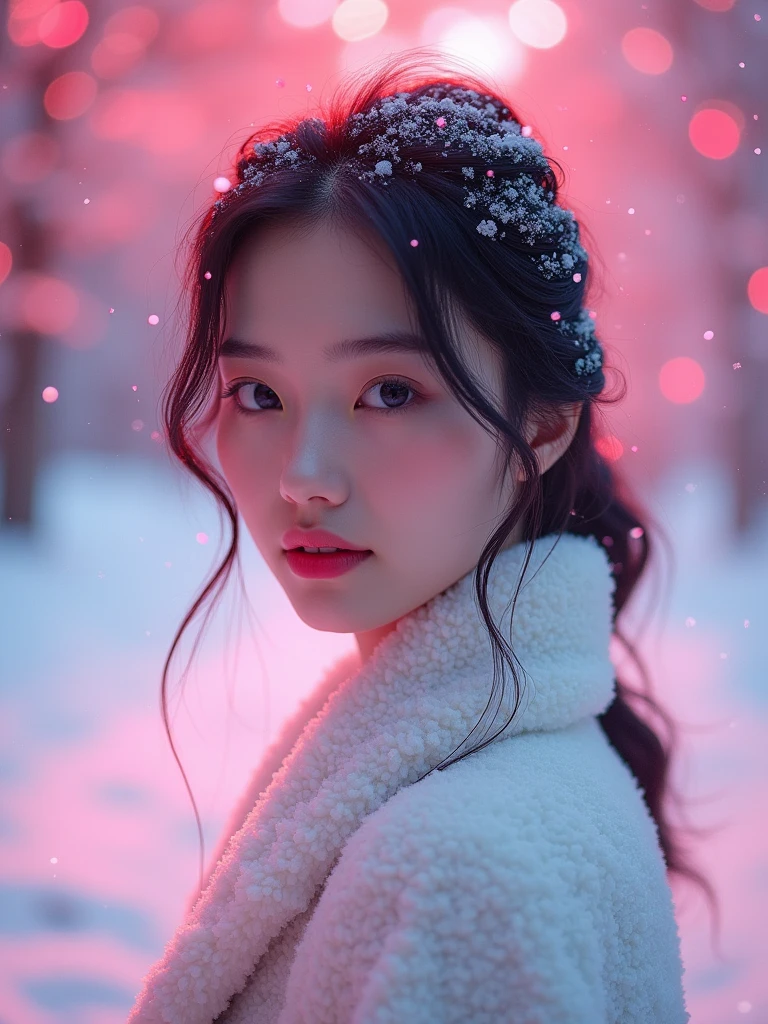 8k Beautiful Asian woman with big , in the snow, with a neon color behind