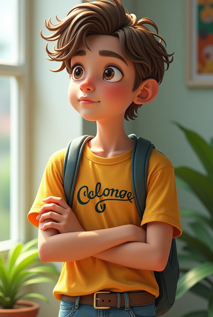 Age: Adolescent, between 16 and 1.
Hair: Light brown, long and usually loose or in braids.
Eyes: Brown, large and expressive, with a touch of innocence.
Height: Short stature, with a slim figure.
Clothing: He usually dresses in a youthful way, with colorful clothes, printed t-shirts and jeans. His style is fresh and casual.