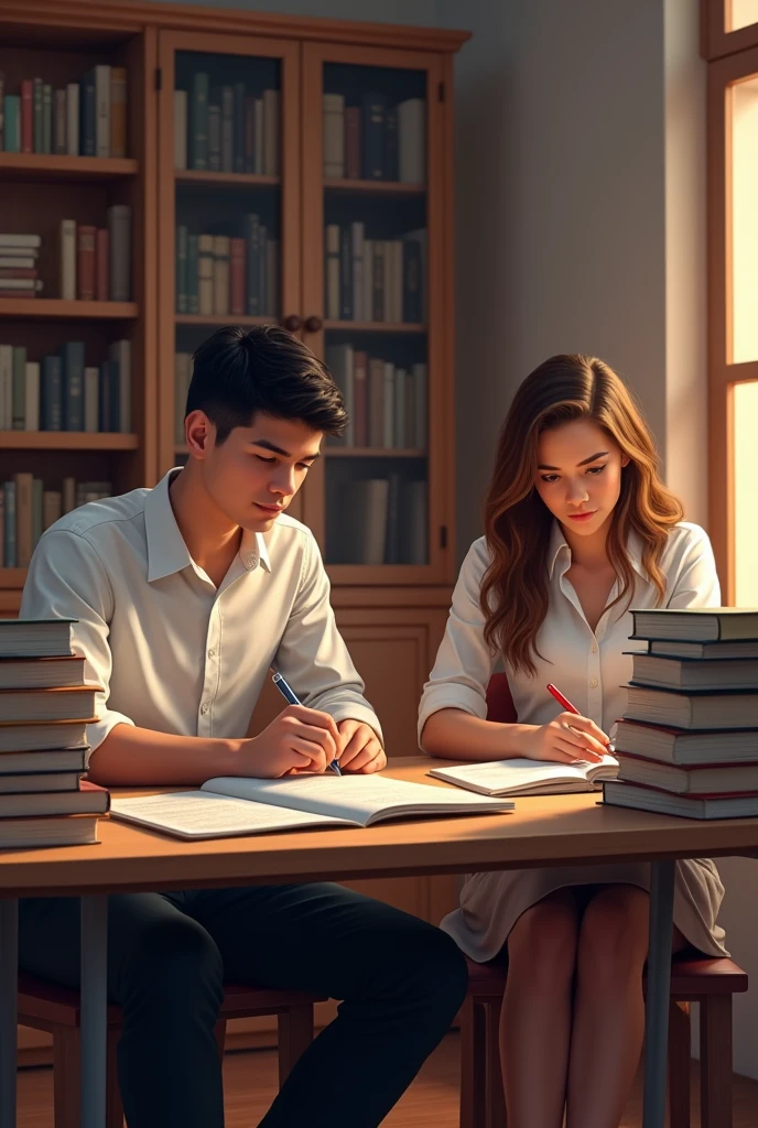 I want an image of two students who aspire to study law.. They are a young man and a young woman, both around 1. The young man has short, dark hair, and wears a white dress shirt with dark pants. The young woman has long brown hair, and wears a formal blouse with a neutral colored skirt. Both are in an academic environment, like a library or a study room, surrounded by books and legal documents. they are sitting at a table, with expressions of concentration as they review law books and take notes. The atmosphere is calm and serious, with warm lighting that highlights the academic environment with Latin American features
"