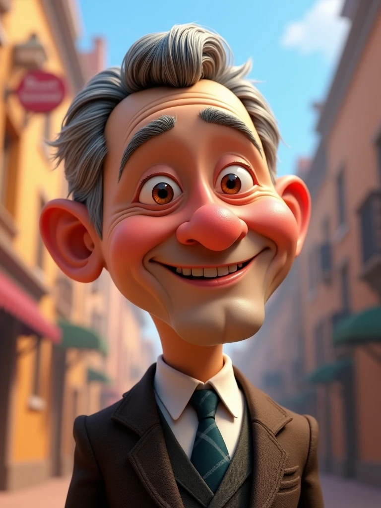 Create a Disney Pixar-style, 3D character of a 6 man, brown eyes, short gray hair, with a normal mouth, a big, airy nose, thick eyeshadows, wearing dress clothes