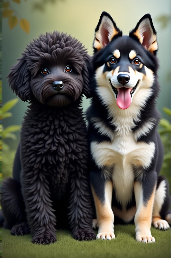 Two dogs, one black with curly fur, Maltese and black bichon breed, and the other with black and white fur, wolf breed.