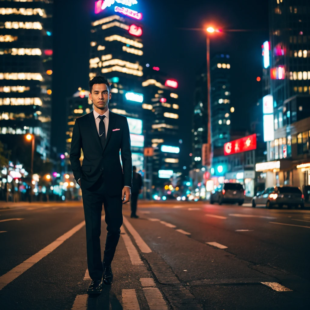 In a suit in a city at night