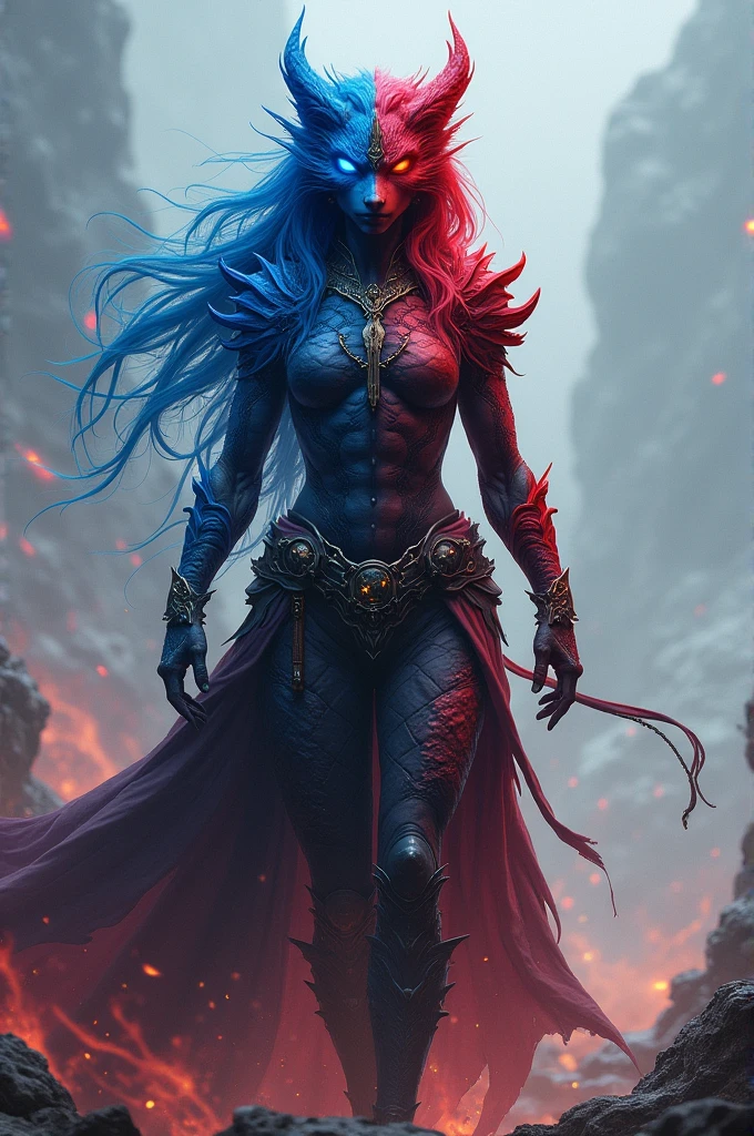 Demon salyer,gender woman,blue fur mixed with red,Blue and red eyes,by the wide