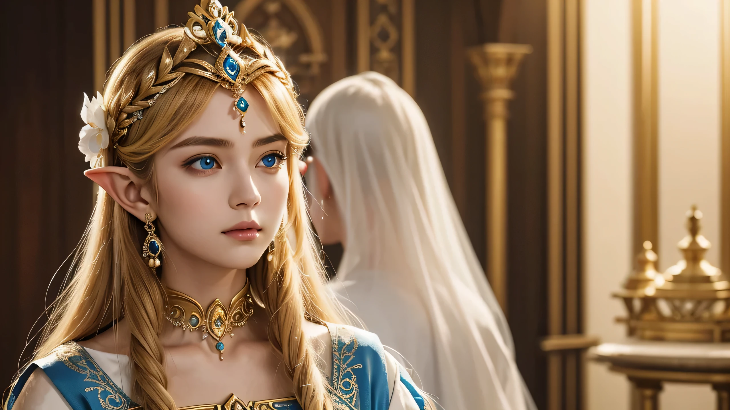 "Princess Zelda from The Legend of Zelda is portrayed with striking blue eyes, adding a unique twist to her classic appearance. She stands with a regal yet serene demeanor, wearing a luxurious gown that is primarily white, adorned with intricate golden embroidery and the Triforce symbol. The gown’s opulent design features elaborate patterns and delicate embellishments, giving it a majestic and ethereal quality. Her long, golden hair flows gracefully over her shoulders, softly framing her face. The blue of her eyes is vivid and captivating, contrasting beautifully with her pale, porcelain-like skin. Her expression is one of calm and wisdom, with a gentle, contemplative gaze that reflects both her inner strength and compassion. The light around her enhances the brilliance of her eyes and the elegance of her gown, making them the focal points of the portrait and imparting a mystical and regal aura."