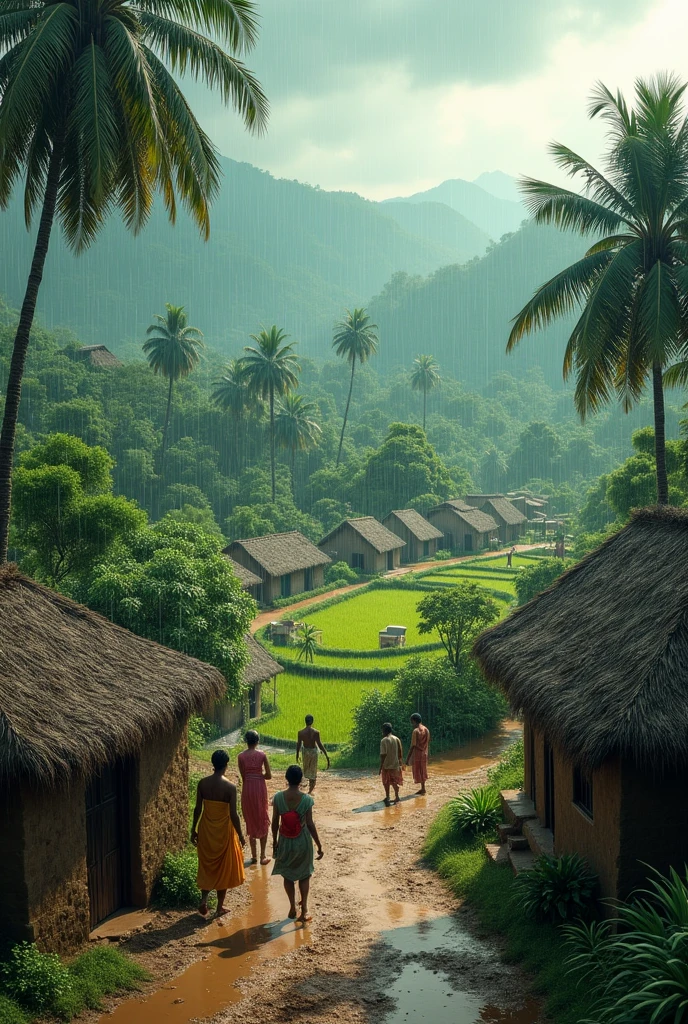 Indian village realistic with rain