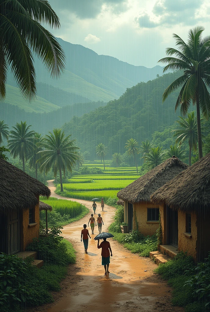 Indian village  realistic with rain 