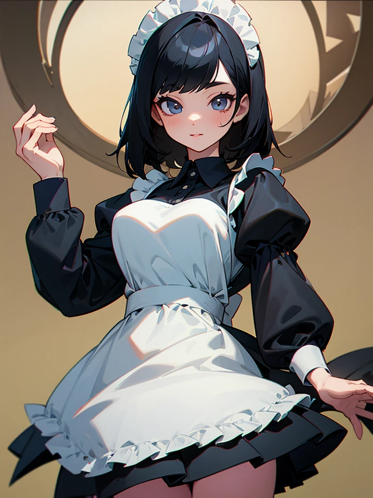 black hair, 1 young woman, bobbed hair, maid outfit, hand-drawn style