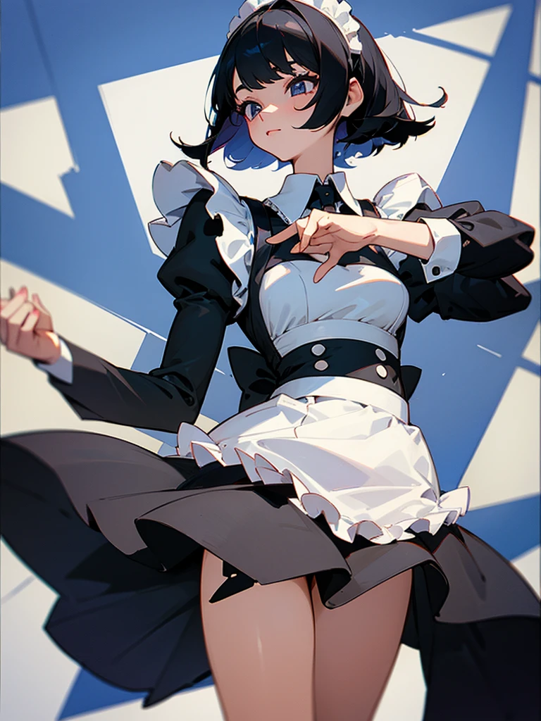 black hair, 1 young woman, bobbed hair, maid outfit, hand-drawn style