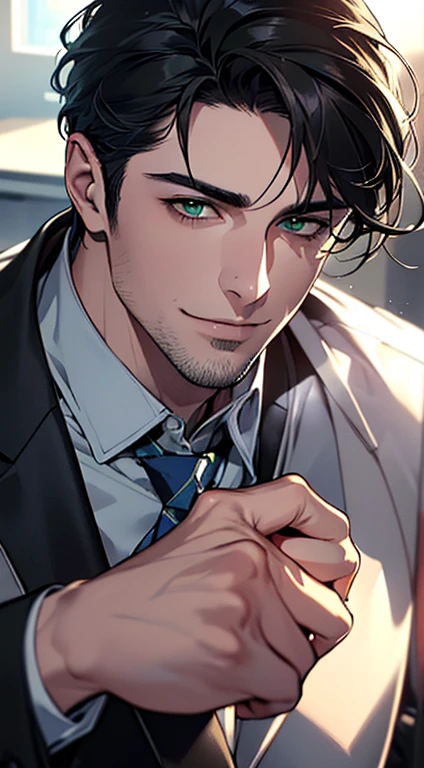 (best quality,4k,8k,highres,masterpiece:1.2),ultra-detailed,(realistic,photorealistic,photo-realistic:1.37),1 man,3,mature man,very handsome,without expression,smile,short grey black hair,green eyes,penetrating gaze,perfect face without errors,imposing posture,businessman,office background,cinematic lighting,hdr image
