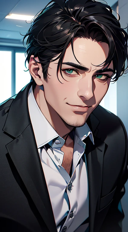 (best quality,4k,8k,highres,masterpiece:1.2),ultra-detailed,(realistic,photorealistic,photo-realistic:1.37),1 man,3,mature man,very handsome,without expression,smile,short grey black hair,green eyes,penetrating gaze,perfect face without errors,imposing posture,businessman,office background,cinematic lighting,hdr image