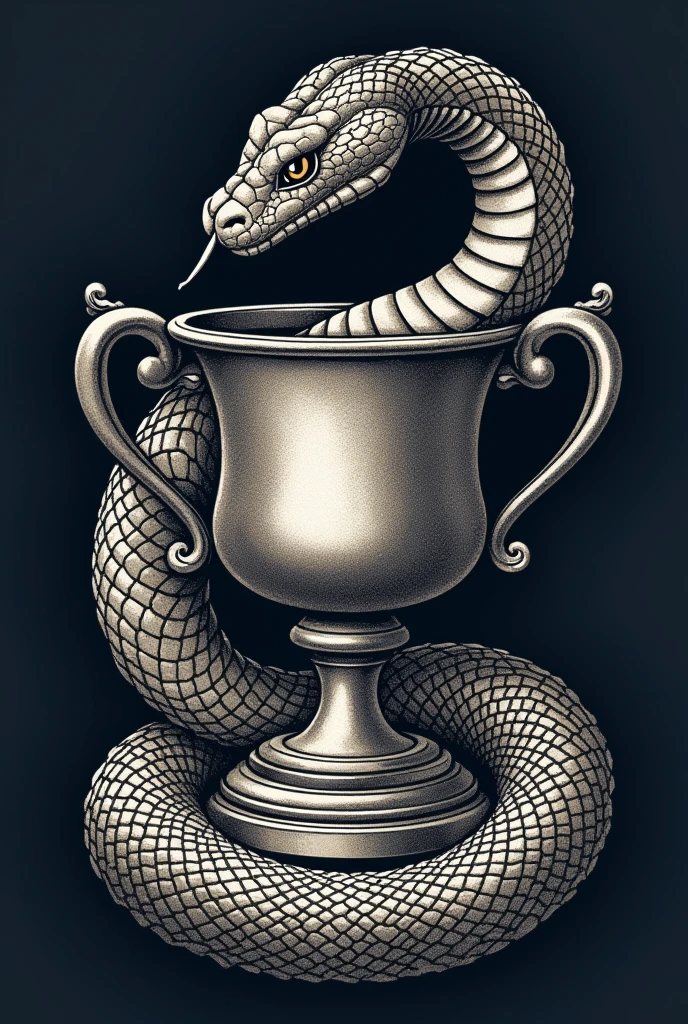 Snake surrounding an old money style silver cup for use on a polo shirt. But only in lines that can be done in embroidery. 