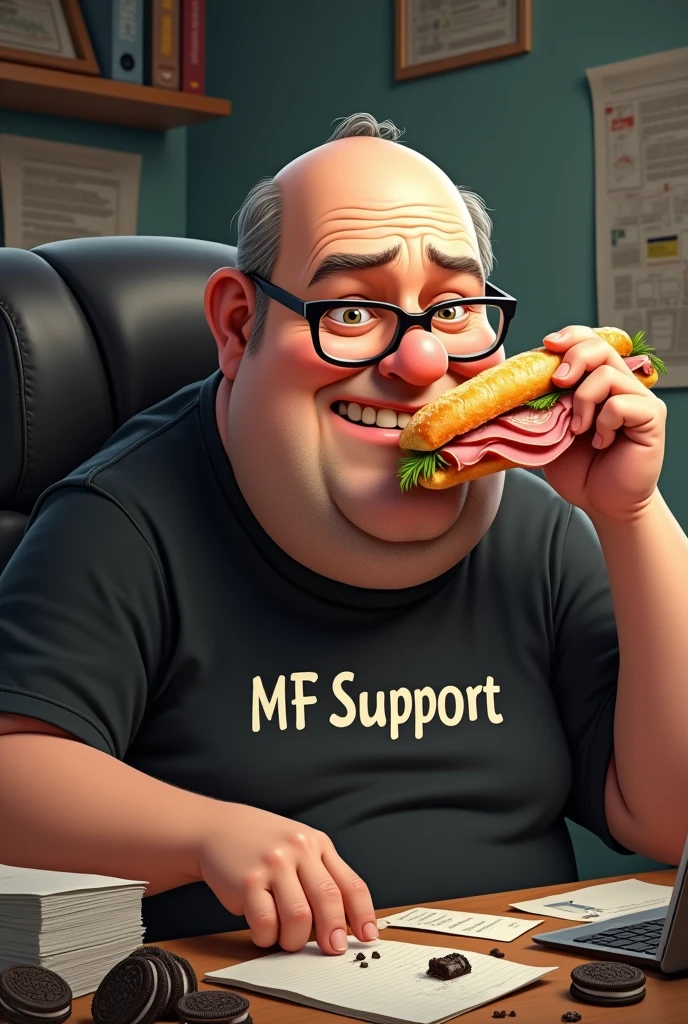 white male, aged 50, baldie, fatter, cheeky, wrinkled face, wearing glasses, eating baguette with ham, leaning against a cluttered computer desk, stacks of papers, Oreo crumbs and cookies. Wearing a black shirt with the phrase MPF Support
