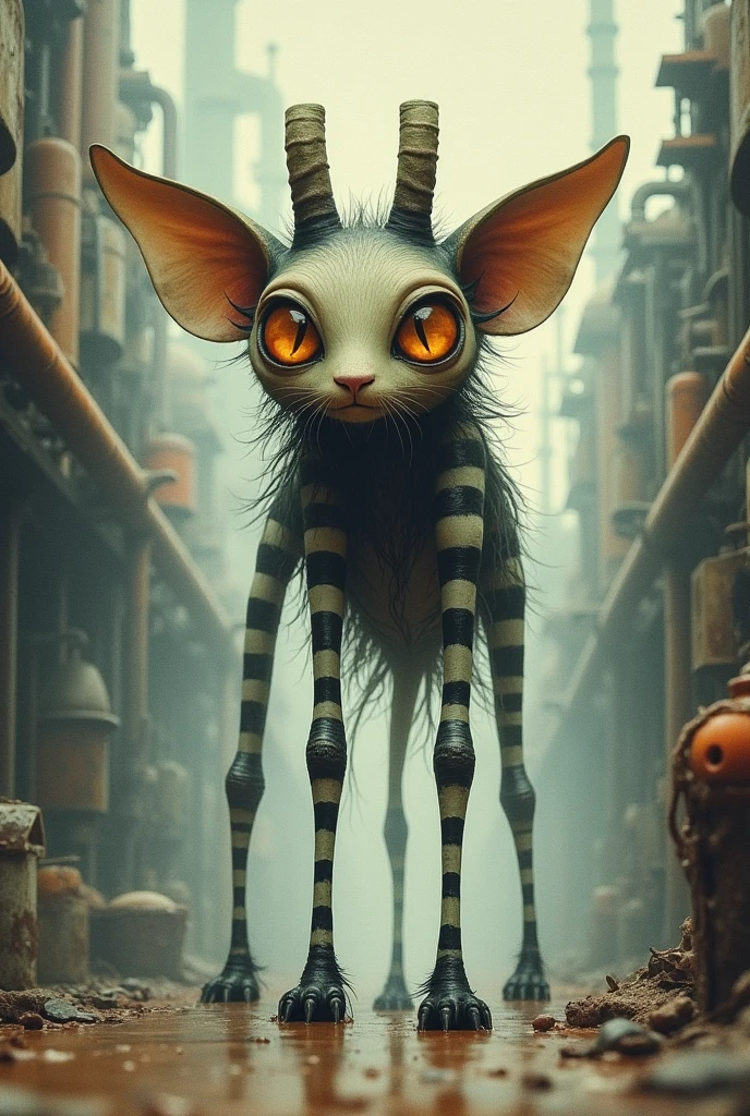 square horns, huge amber's eyes, black and white stripes on his long legs, striped body, huge ears , fancy ,

biomorphic anthropomorphism, watercolor subtly sfumatto through the veil haze grotesque,
working on factory , glancing

Extremely restrained color, 
whimsy 
, in style of Grabar, Somov,
soft color,