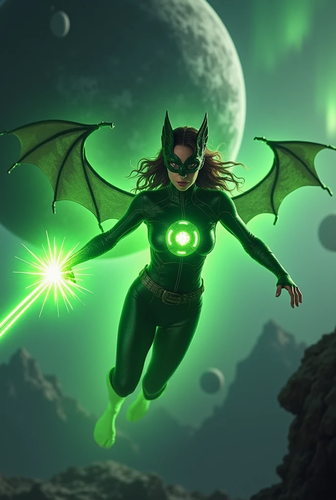 (photorealism:1.2) Green Bat-Lantern Woman with Mask,perfect,brunette,with a power ring shining on his finger,flying between planets,in outer space with the northern lights in the background