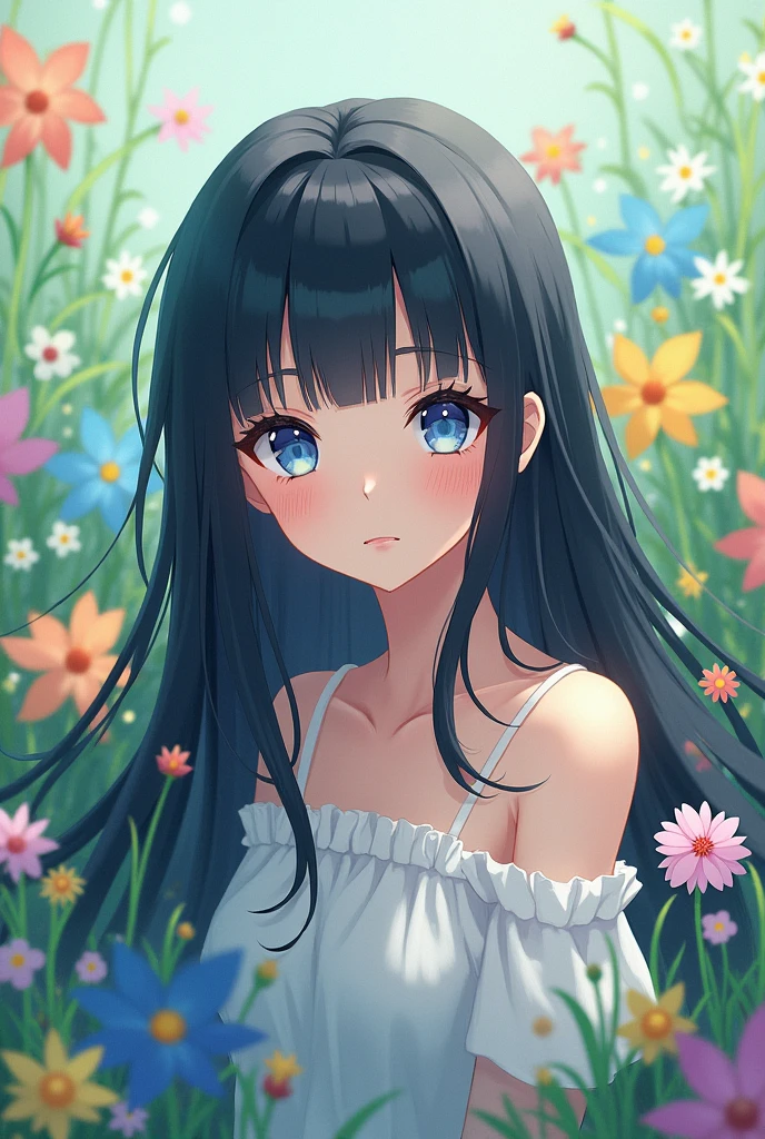 anime character, with long black hair and blue eyes with a low face and long eyelashes, in a landscape of flowers