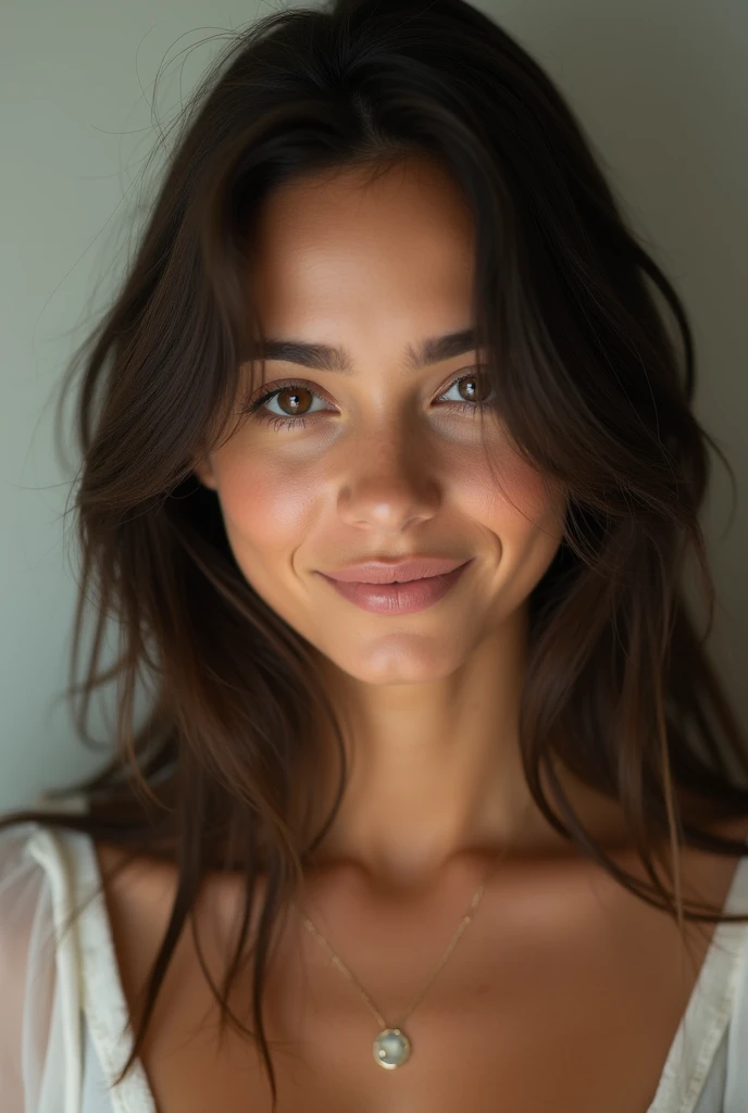 Femme, 20 ans, brune, yeux marrons, photo réel, 8k, latina, brésilienne, réaliste, sourire léger, meilleur qualité, nikon, photo miroir, 1m60, 55kg