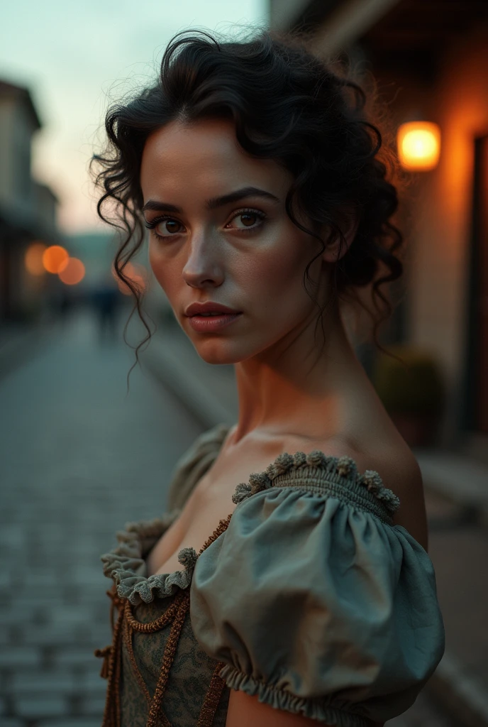 (a closeup of a beautiful on a 19th century street in a vintage dress), (Serious:0.5), (Highly detailed face(a closeup of a beautiful on a 19th century street in a vintage dress), (Serious:0.5), (Highly detailed face:1.4), ass pov, Nikon D850, film stock photograph, 4 Kodak Portra 400, camera f1.6 lens, saturated colors, hyper realistic, lifelike texture, dramatic lighting, Cinestill 800, 19th-century Victorian style, Evening, Vintage lighting, Medium curly hair