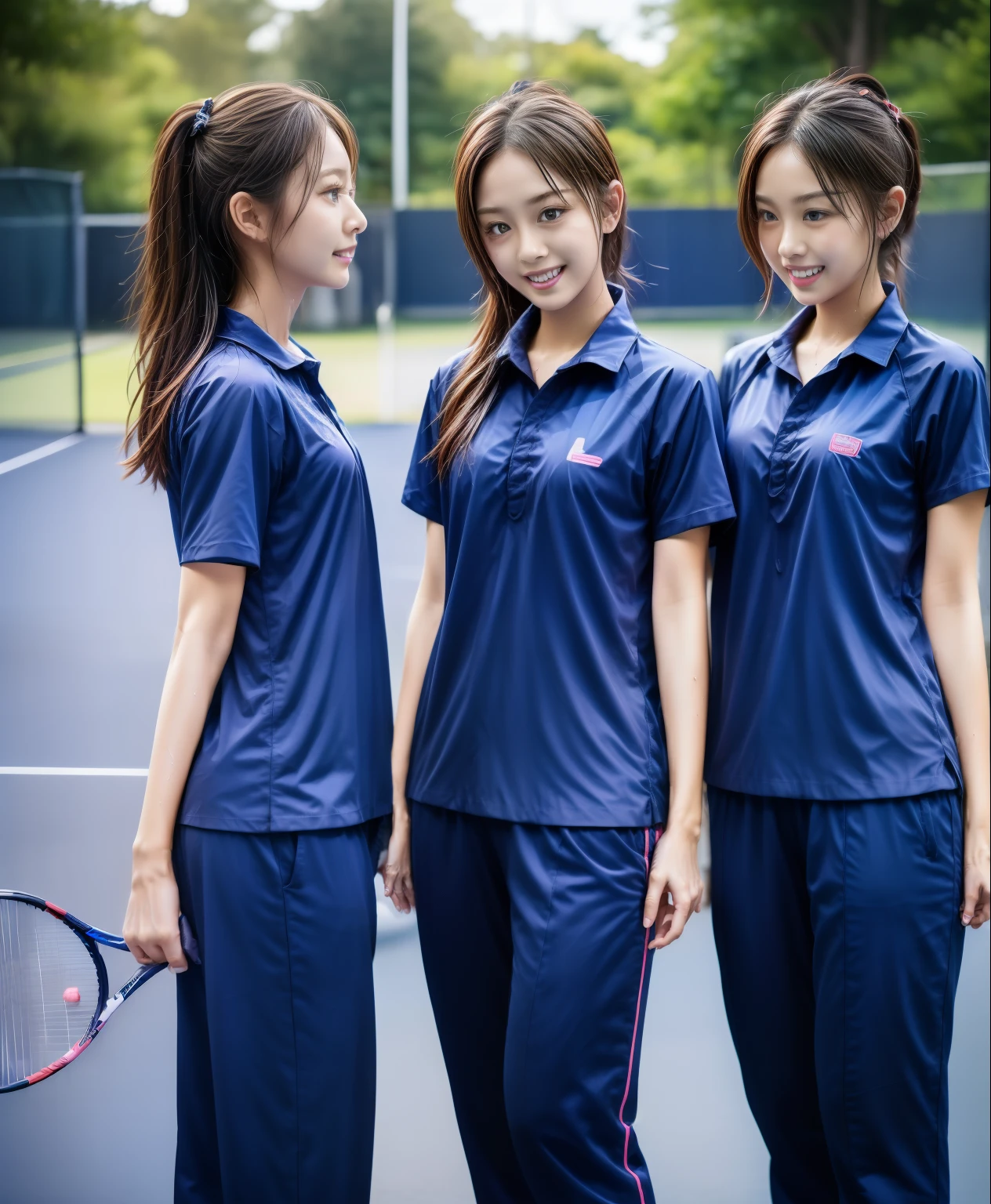 3 girls play tennis at tennis courts, Navy blue short-sleeved shirt,Navy Long Trackpant,Sweatpants, Sweatpantsขายาว,2 girl, lesbian, sexy, exercise clothes, wet body, exercise clothes