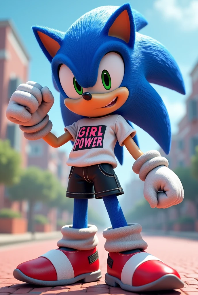 Sonic in black shorts with a white stripe with a white shirt with a girl power logo

