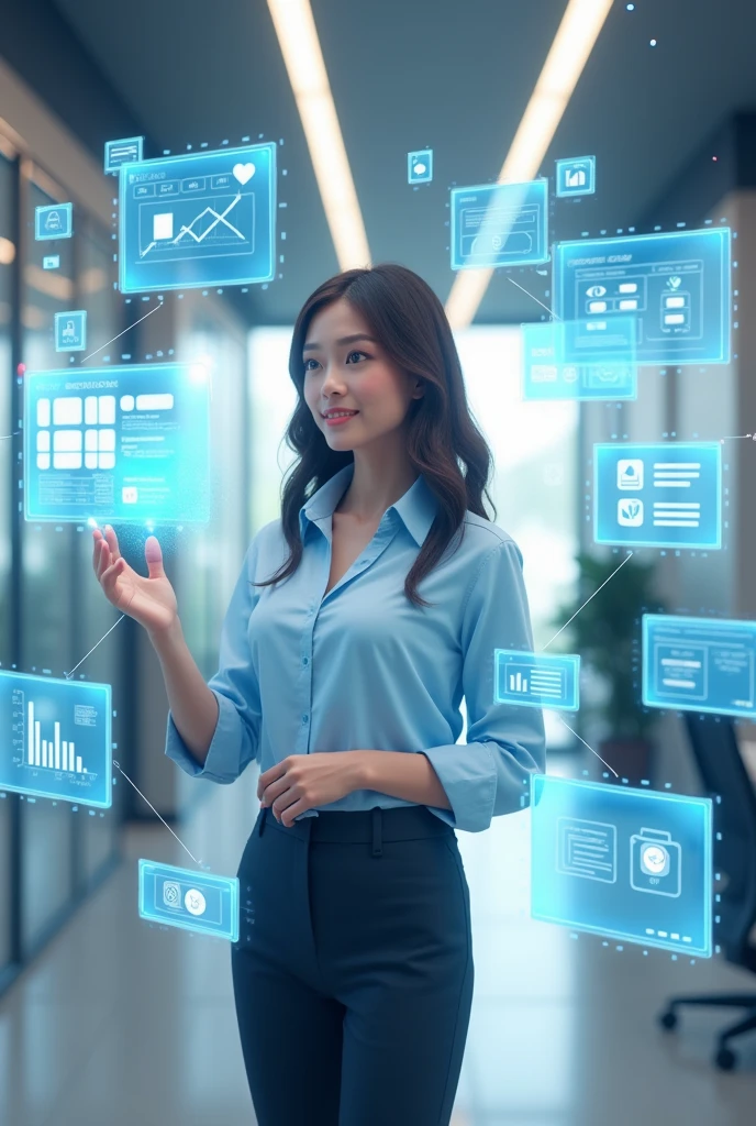 Design an image showcasing the key skills taught in a Professional Secretary course. The image should include visual representations of tools like Excel, PowerPoint, and task management software, with dynamic elements like graphs and presentation slides in motion. The overall style should be modern, real and tech-savvy.