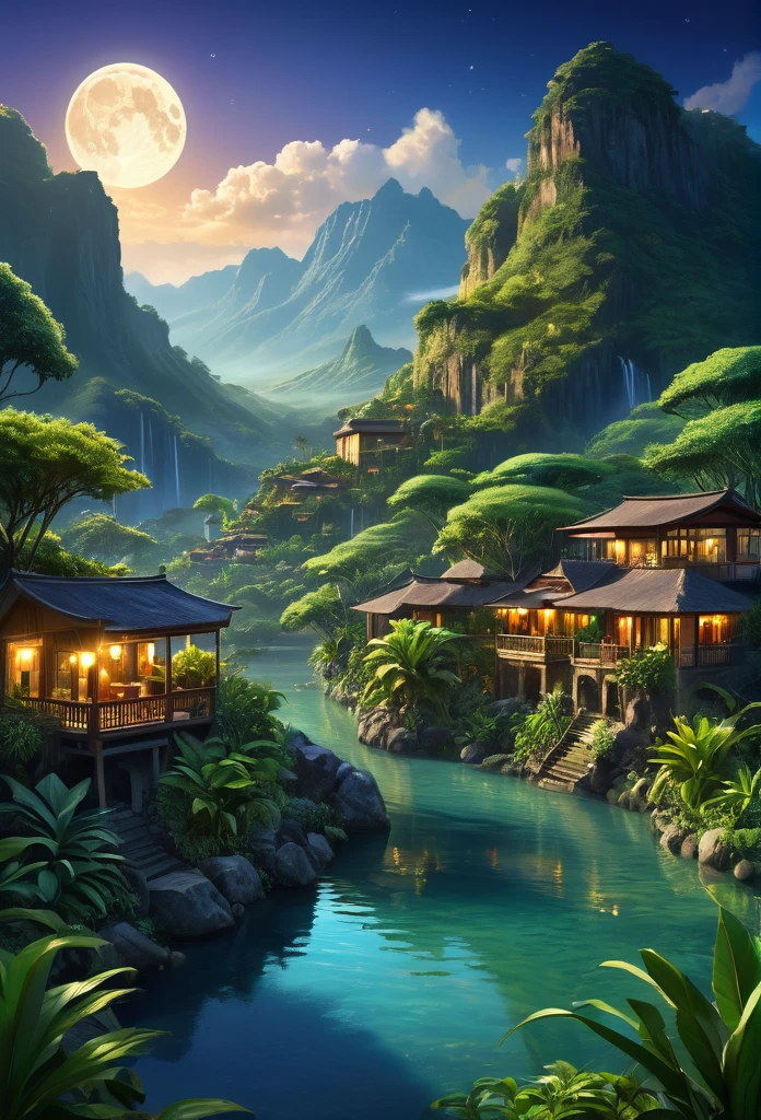 A city hidden deep within vast savannas and tropical forests, surrounded by impassable mountains,bustling miniature city,cozy lights,warm and friendly feeling,illustration,(ultra detali:1.1),(realisitic:1.1),proffesional,Physically based rendering,bright coloured,portraits,(dark ambient lighting:1.1) a place of wild beauty, with mountains covered in lush vegetation, crystal clear rivers that meandered through the plains, and a sky always lit by the sun. during at night, the moon and stars were reflected in the waters of the lakes, creating a magical and tranquil atmosphere. Its capital, it was a city carved into the rocks of the mountains, with buildings that blended perfectly into the natural landscape. The streets were paved with precious stones, and the gardens were full of exotic plants that bloomed all year round.