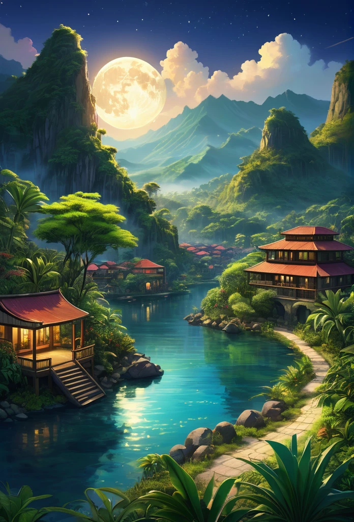 A city hidden deep within vast savannas and tropical forests, surrounded by impassable mountains,bustling miniature city,cozy lights,warm and friendly feeling,illustration,(ultra detali:1.1),(realisitic:1.1),proffesional,Physically based rendering,bright coloured,portraits,(dark ambient lighting:1.1) a place of wild beauty, with mountains covered in lush vegetation, crystal clear rivers that meandered through the plains, and a sky always lit by the sun. during at night, the moon and stars were reflected in the waters of the lakes, creating a magical and tranquil atmosphere. Its capital, it was a city carved into the rocks of the mountains, with buildings that blended perfectly into the natural landscape. The streets were paved with precious stones, and the gardens were full of exotic plants that bloomed all year round.