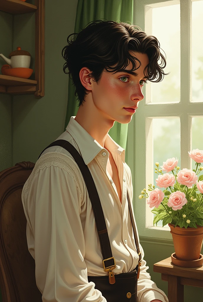 generate an image of an effeminate man with black hair, green eyes and freckles at the time of "Anne with an E" and with drawing style.
