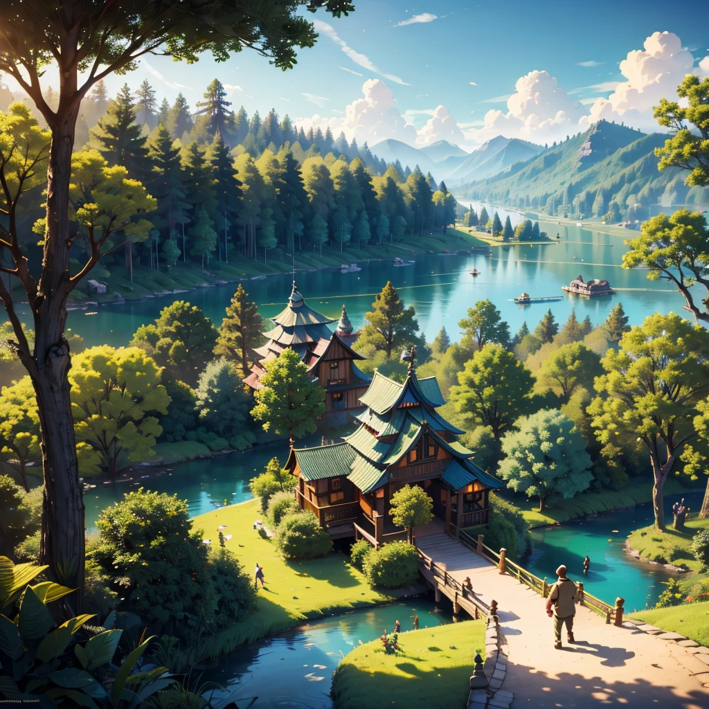 A landscape of a city in the forest a big Zootopia, with tree houses, the place has huge trees and is beautiful with lakes and rivers 