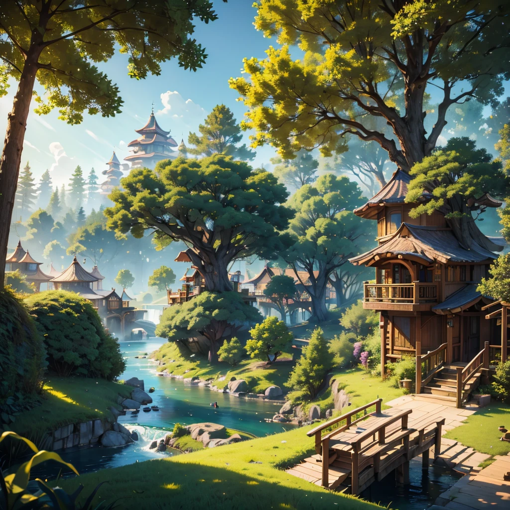 A landscape of a city in the forest a big Zootopia, with tree houses, the place has huge trees and is beautiful with lakes and rivers