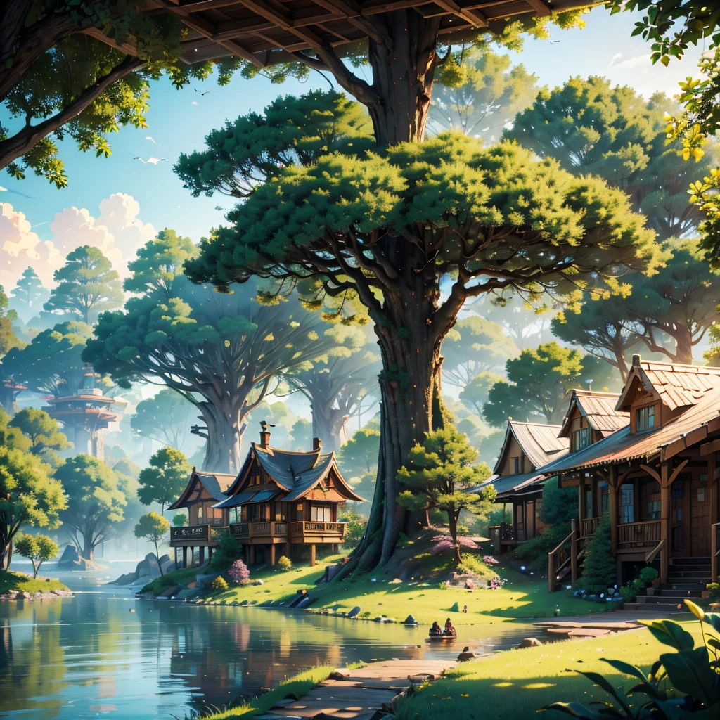 A landscape of a city in the forest a big Zootopia, with tree houses, the place has huge trees and is beautiful with lakes and rivers 