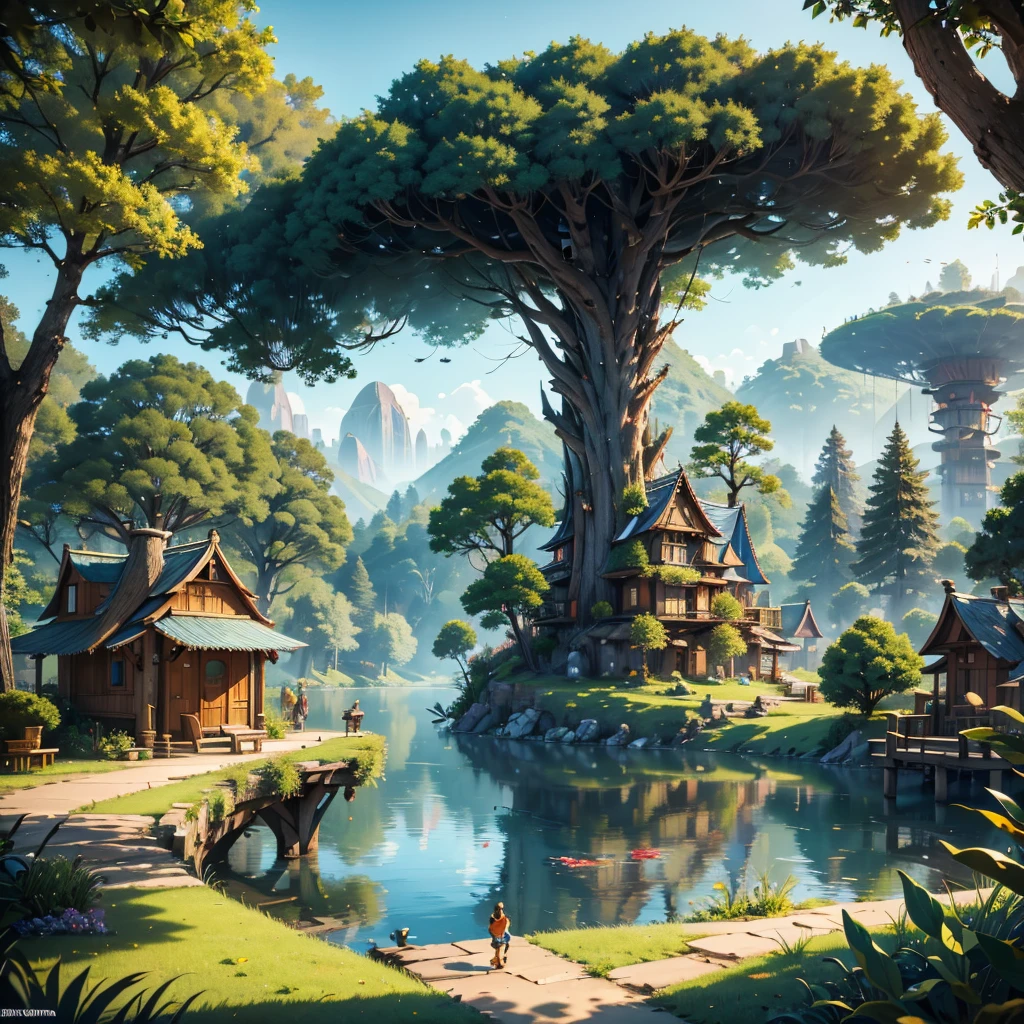 A landscape of a city in the forest a big Zootopia, with tree houses, the place has huge trees and is beautiful with lakes and rivers
