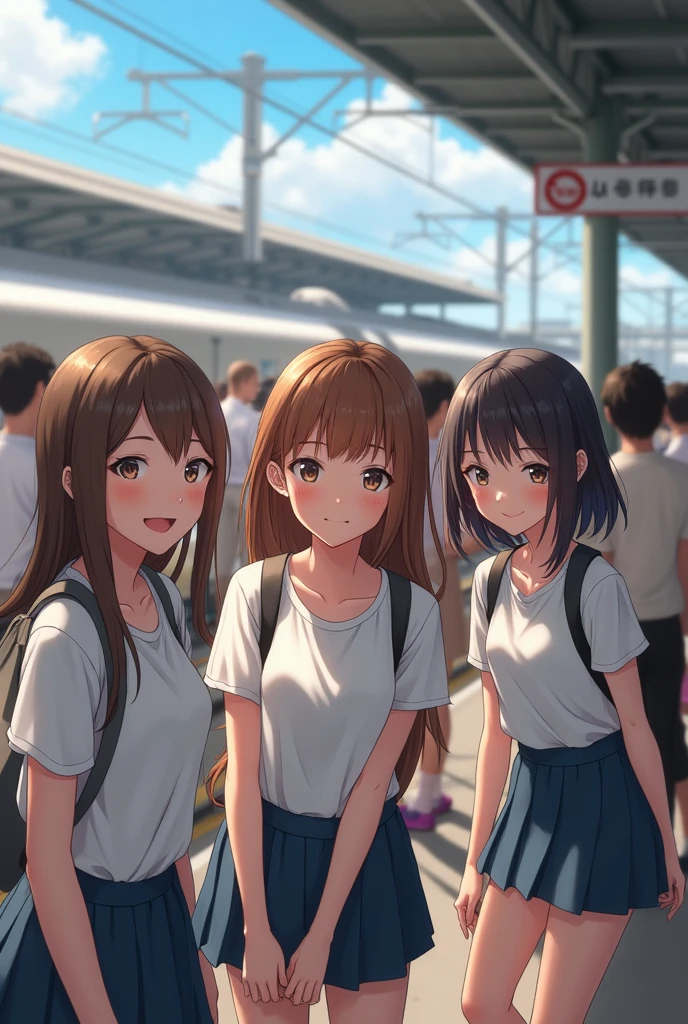photo realistic, RAW photo, 16k, A group of smiling high school women at a crowded Shinkansen train station platform, shinny straight hair, beautiful Japanese women, , various women, light brown hair and black hair, summer, short sleeve,