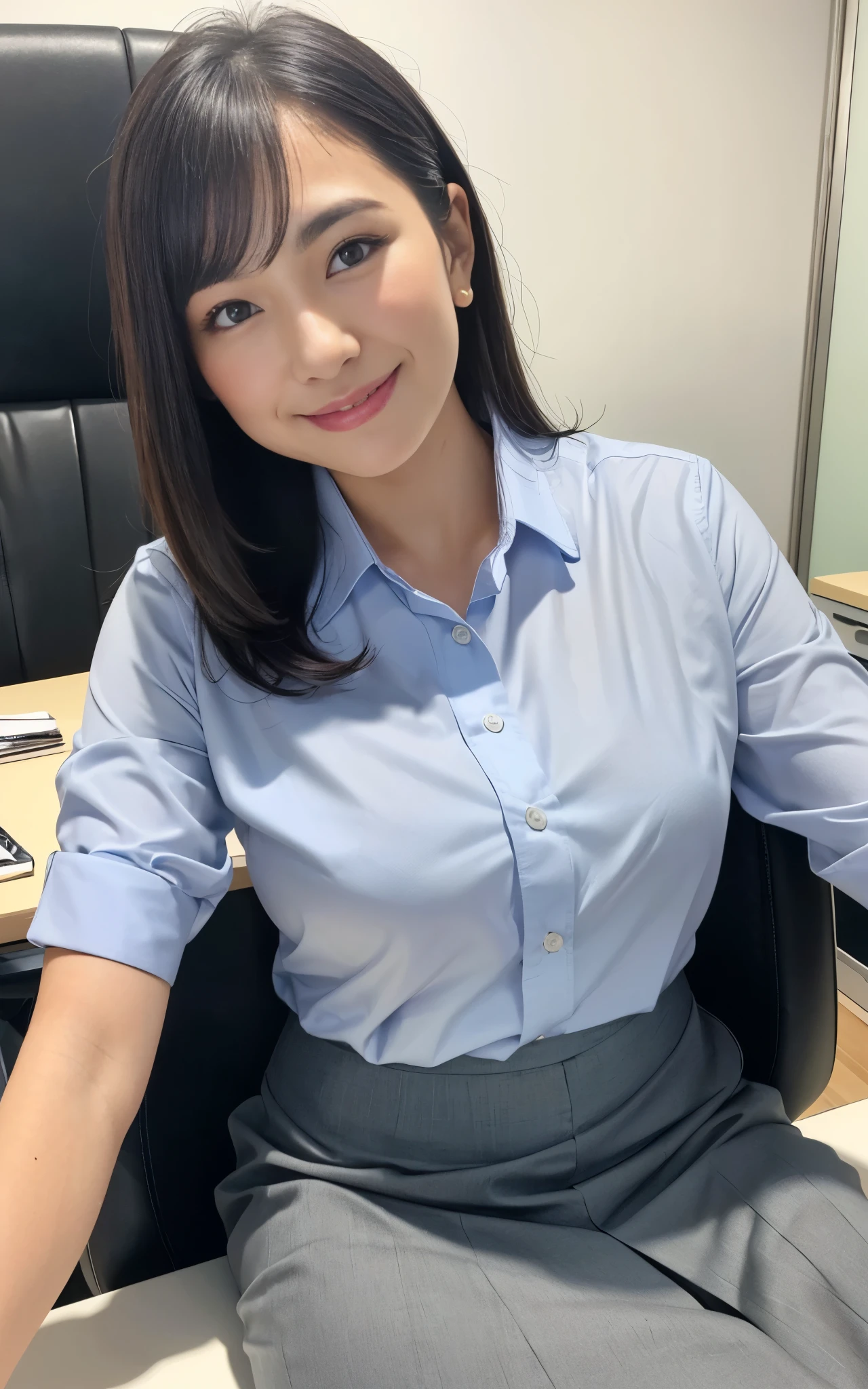 ((Best Quality, 8k, Masterpiecedetails, ultra-high resolution)), (looking at the viewer), (full shot:), attractive business 1 milf stting down on office, desk, a bit chubby:0.25, white collared shirt, grey skirt, (laying down on office desks)), smile, office of CEO,